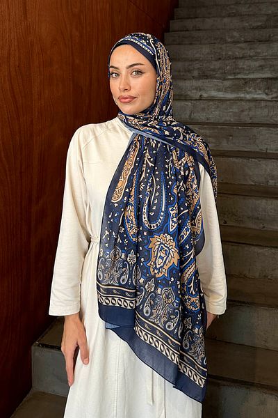 lamelif.com شال قطني منقوش باللون الأزرق الداكن والذهبي