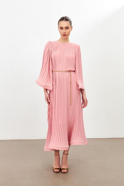 Setre Powder Pleated Detailed Belted Comfortable Fitted Dress