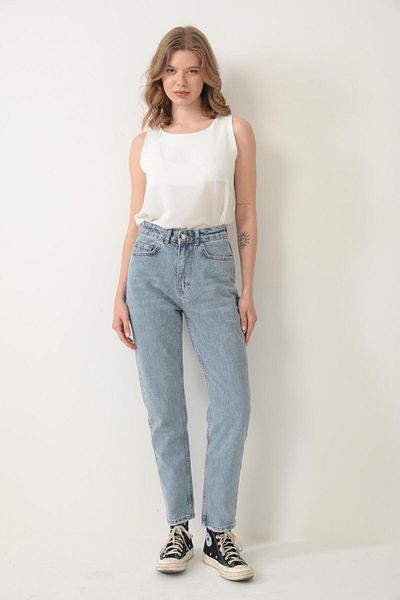 Polo State Blugi Mom cu talie înaltă de damă Pantaloni largi, albaștri, cu 5 buzunare