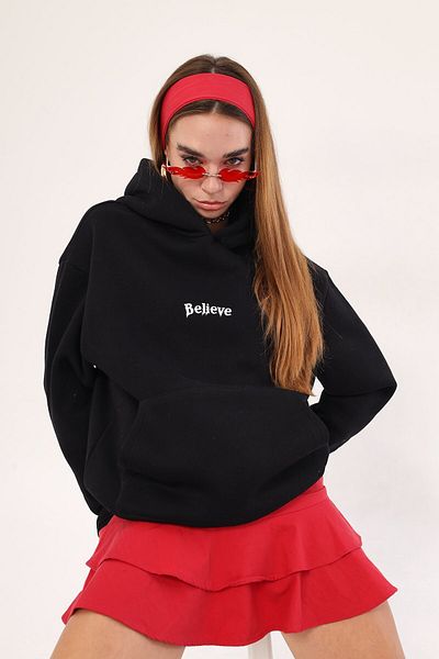 The Champ Clothing Унисекс суитшърт с качулка и полар, с щампа Believe In Mixed Print, черен