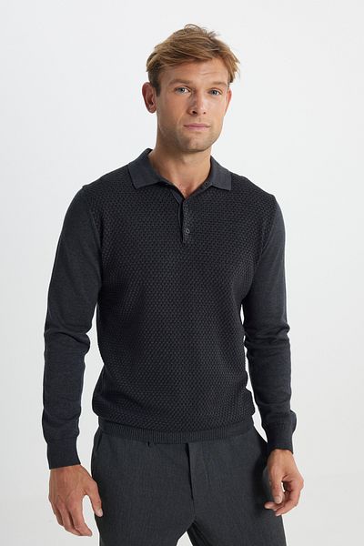 ALTINYILDIZ CLASSICS Men's Anthracite-Melange Cotton Standard Fit Regular Cut Polo Collar Jacquard Knitwear Sweater