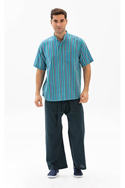 Eliş Şile Bezi Men's Summer T-Shirt - Short Sleeve, Sile Cloth, Single Pocket, Prevailing Collar, Turquoise Striped 3071