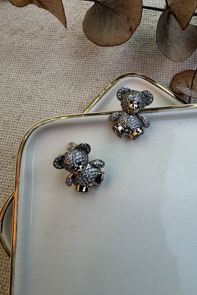 AURA ATELIER Steel Earrings - Stone Detailed Teddy Bear Design