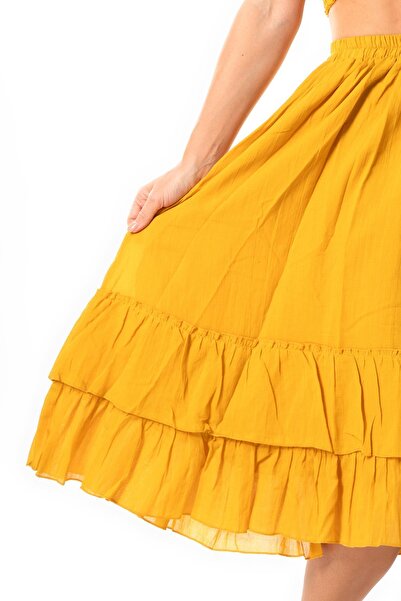 Eliş Şile Bezi Lavinya Mustard Colored Long Summer Skirt - Elastic Waist