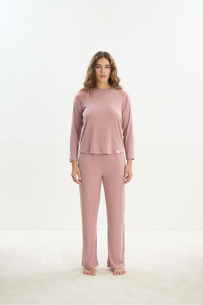 Sevim Long Sleeve Dried Rose Camisole Pajama Set - C2T7N1O61