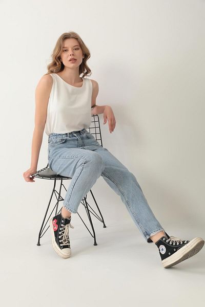 Polo State Blugi Mom cu talie înaltă de damă Pantaloni largi, albaștri, cu 5 buzunare