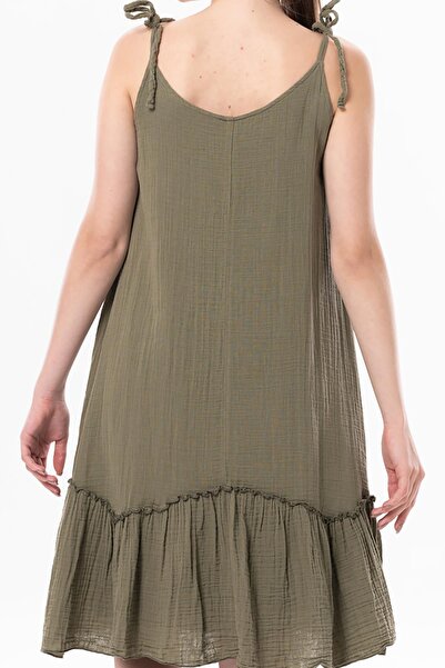 Eliş Şile Bezi Strappy Serra Flounced Short Summer Muslin Dress Khaki Hk