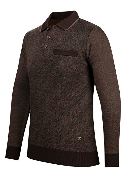 Çizgi Triko Ανδρικό πλεκτό πουλόβερ με ριγέ γιακά πόλο - Διακοσμημένα μπράτσα και λάστιχο μέσης, ατσάλινο πλεκτό κλασικό σχέδιο - 5012F