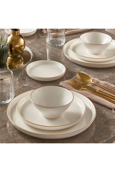 Güral Porselen Bilbao 4-Person Bone Dining Set - 16 Pieces, Matte Gold