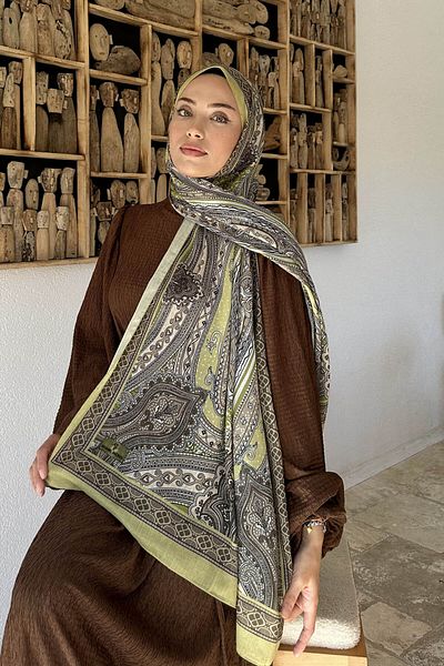 lamelif.com Şal cu model retro din bumbac - verde ulei