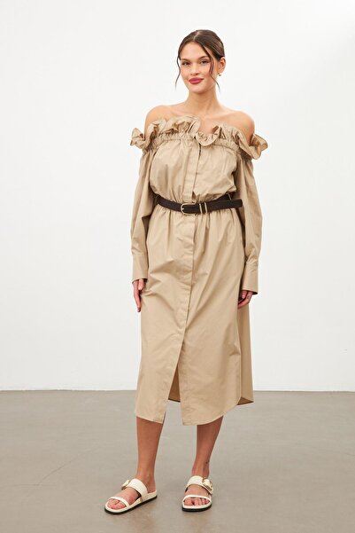 Setre Beige Open Shoulder Belt Detailed Buttoned Dress