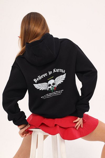 The Champ Clothing Унисекс суитшърт с качулка и полар, с щампа Believe In Mixed Print, черен