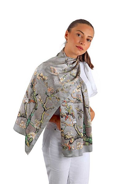 Bursa İpek Gray Almond Flower Silky Scarf