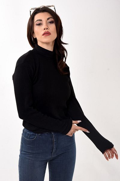 Belifanti Collection Pulover de damă cu gât roscat, slim fit, negru