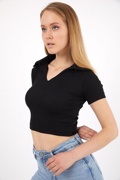 Belifanti Collection Kadın Siyah Polo Yaka Crop Top