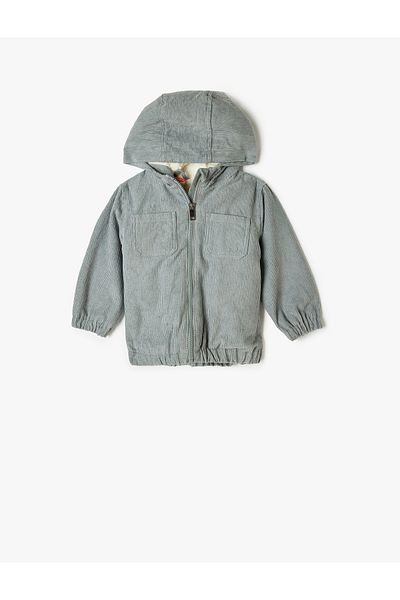 Koton Long Sleeve, Hooded Cotton Velvet Jacket - with Pockets