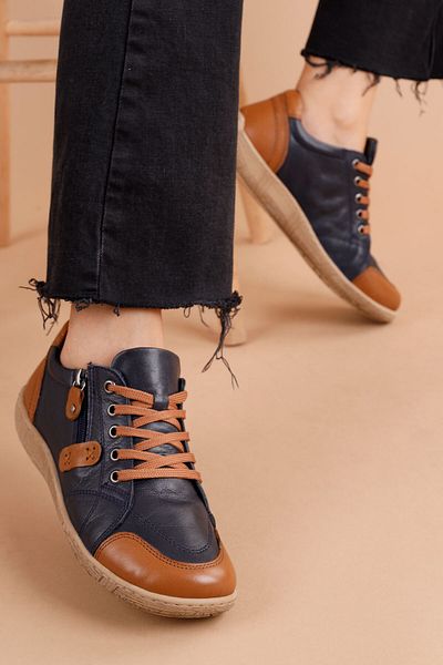 Getcho Flores Women's Genuine Leather Navy Blue Tan Shoes
