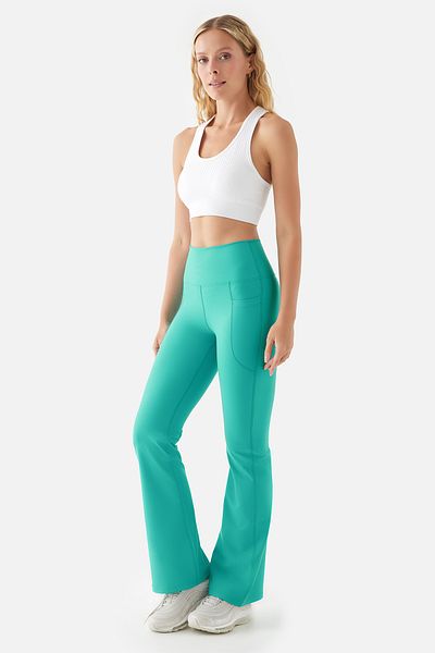 Superstacy Carmen Flared Leg Turquoise Yoga Pants with High Waist Pockets
