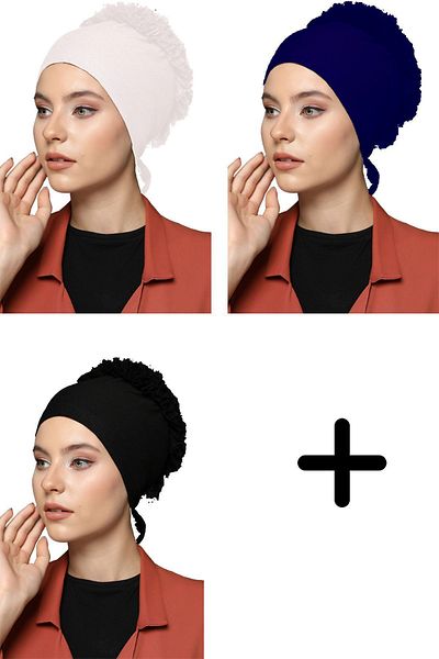 Belifanti Collection Women's Combed Cotton Frilly Bonnet Black White Navy Blue Set of 3