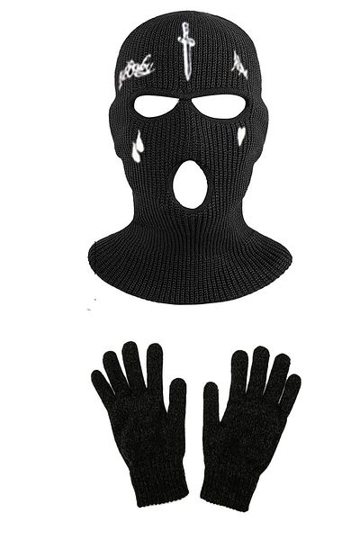 Belifanti Collection Knitted Unisex Sword Teardrop Embroidered Snow Mask Knitted Gloves Set Black