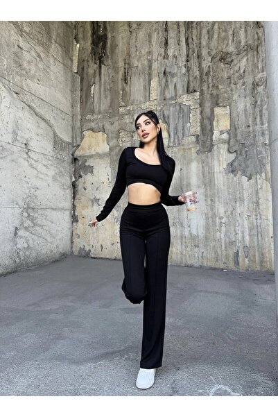 HARMONY GLOBAL Țesătură modal neagră - talie elastică, guler pantaloni cu dun...