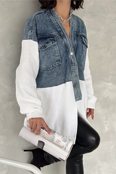 FEMELLE Γυναικείο πλεκτό τζιν μπουφάν σε λευκό κανονικό μέγεθος με λεπτομερή σχεδίαση