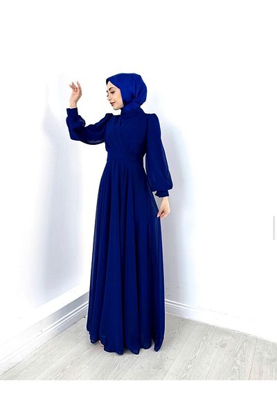 MERVEPLUME Double Breasted Collar and Chiffon Fabric Hijab Evening Dress - Flared Fit, Fashionable Wedding Chic