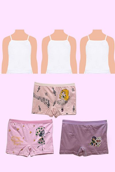 Belifanti Collection Girl's Cotton Combed Cotton Rope Strap Tank Top 3-Piece White Tank Top 3-Piece Mixed Color Boxer 6-Piece Set