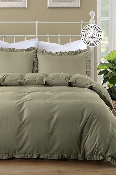 Evlen Home Collection Zelená dvojitá 4dílná sada měkkých přikrývek Barella – volánky z bavlny a kamene