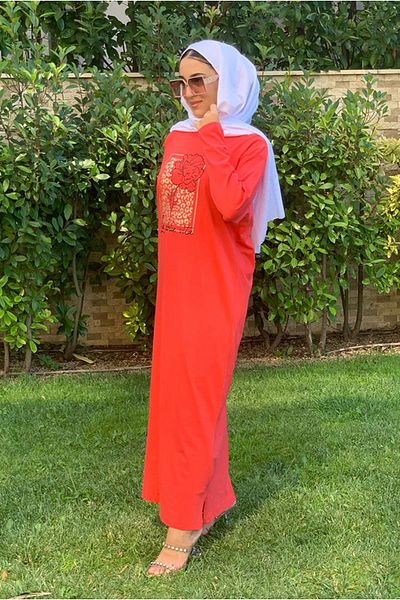 Moda Rosa 23Y3538 Red Glitter Leopard Printed T-Shirt Dress