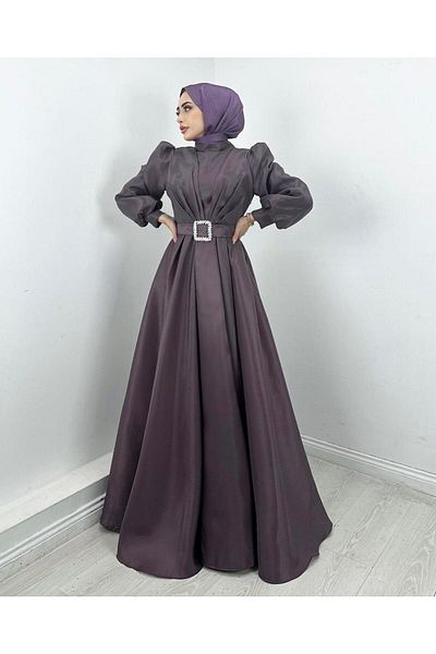 MERVEPLUME Taffeta Fabric with Stones - Belted Hijab Graduation Evening Dress