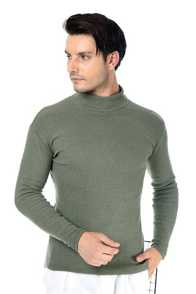 Belifanti Collection Men's Khaki Green Half Turtleneck Slim Fit Sweater