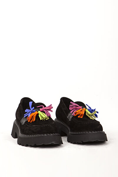 Dericlub Γυναικείο Loafer από πραγματικό δέρμα Zy 7887 Μαύρο - Φούντα και χον...