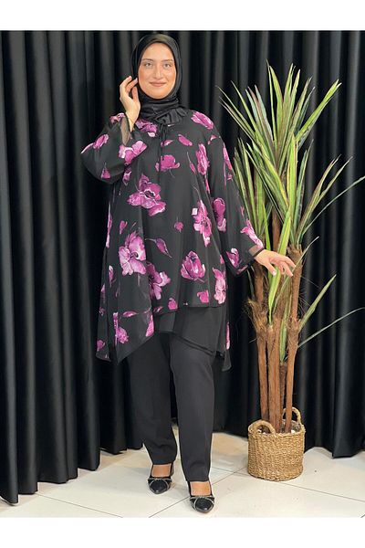 Butik büyük beden Patterned Chiffon Lined Tunic