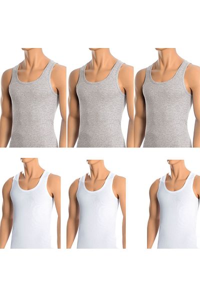 Belifanti Collection Men's Cotton 3-Piece Gray Undershirt and 3-Piece White Undershirt 6 Piece Set