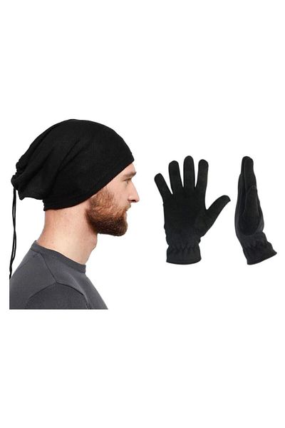 Belifanti Collection Unisex Μαύρα Fleece Γάντια Polar Beanie Σετ γιακά λαιμού