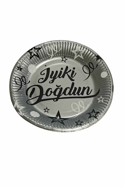 TURKUAZ PARTY Cardboard Plate - Happy Birthday Silver - 23 Cm - 8 Pieces