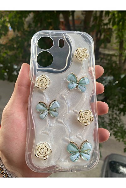 AQUA AKSESUAR Xiaomi Poco C65 Uyumlu Kılıf 5D Kabartmalı Kelebek Çiçek Desenl...