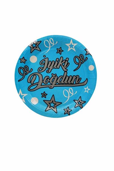 TURKUAZ PARTY Cardboard Plate 8 Pieces - Happy Birthday Blue Silver - 23 Cm