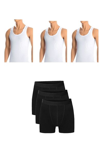 Belifanti Collection Men's Cotton 3-Piece White Undershirt and 3-Piece Black Boxer 6 Piece Set