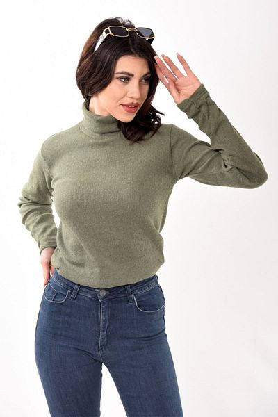 Belifanti Collection Pulover de damă cu gât roscat, slim fit, kaki