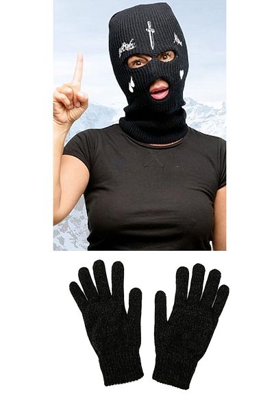 Belifanti Collection Knitted Unisex Sword Teardrop Embroidered Snow Mask Knitted Gloves Set Black
