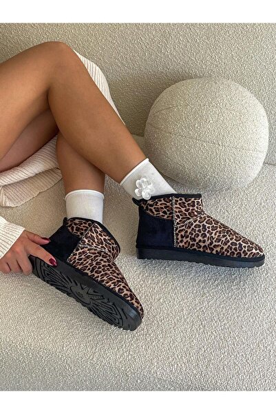 ERVANIN BUTİĞİ Siyah Leoparlı Kar Botu (Mini) Kadın Bot