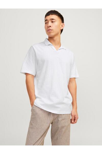 Jack & Jones JJESUMMER LINEN POLO SS LN White