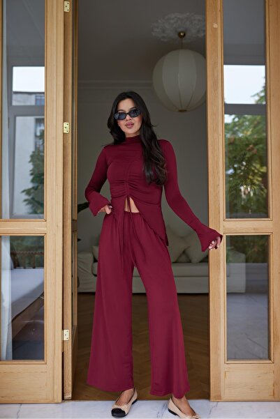 Askı Nişantaşı طقم بنطلون بلوزة برباط أمامي باللون العنابي