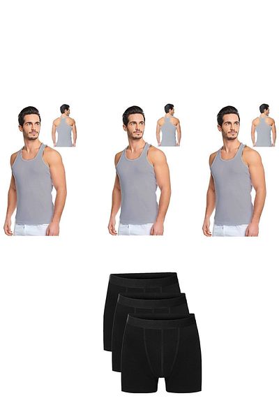 Belifanti Collection Men's Cotton 3-Piece Gray Athlete Singlet and 3-Piece Black Boxer 6 Piece Set