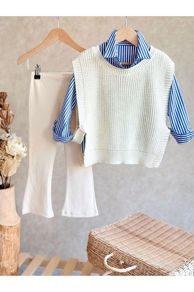 Minigimin Cicileri My Mini's Flowers Sweater Detailed 3-Piece Girl's Knitwear Set with Shirts - Cream