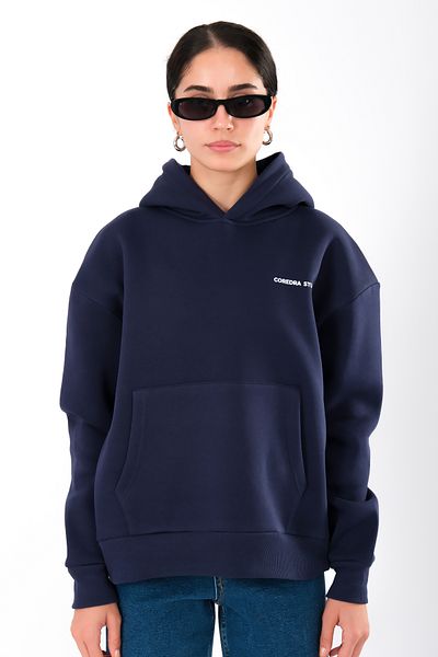 Coredra Women's Anxiety Edited Hoodie - Navy Blue Relaxed Fit