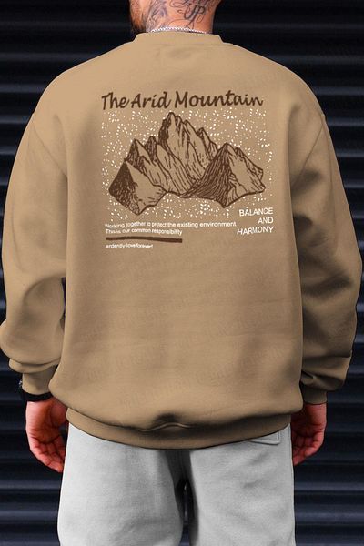 Millionaire Ανδρικό φούτερ Camel Arid Mountain Printed 0 Crew Neck Oversize Loose Loose Cut Fleece φούτερ