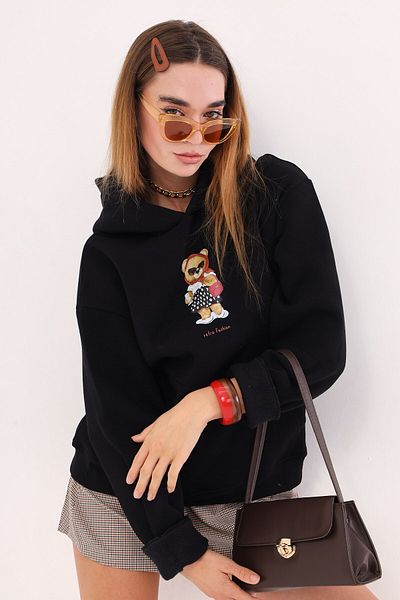 The Champ Clothing Полар с качулка отвътре с плюшено мече Ретро моден черен унисекс суичър с качулка
